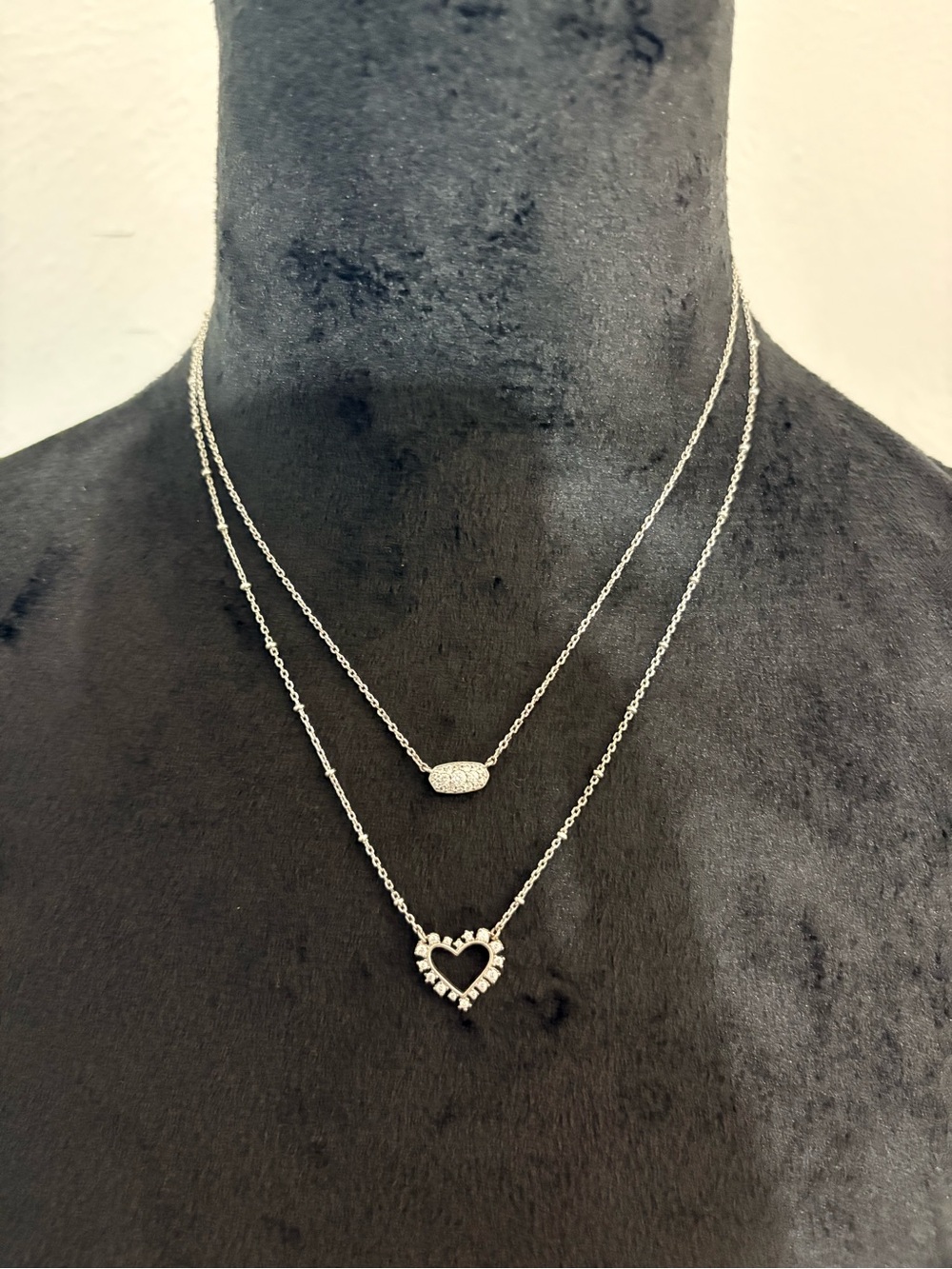 Kendra Scott Silver Double-Layer Heart & Pavé Oval Necklace